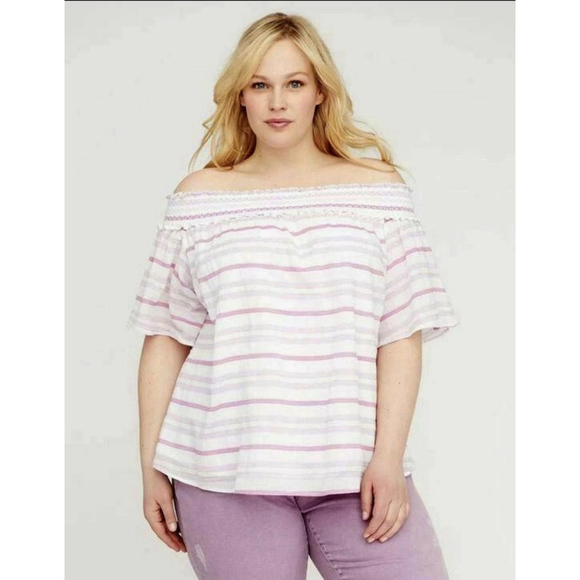 Lane Bryant Tops - Lane Bryant Off The Shoulder Top Plus 14/16 White Pink Purple Striped Blouse